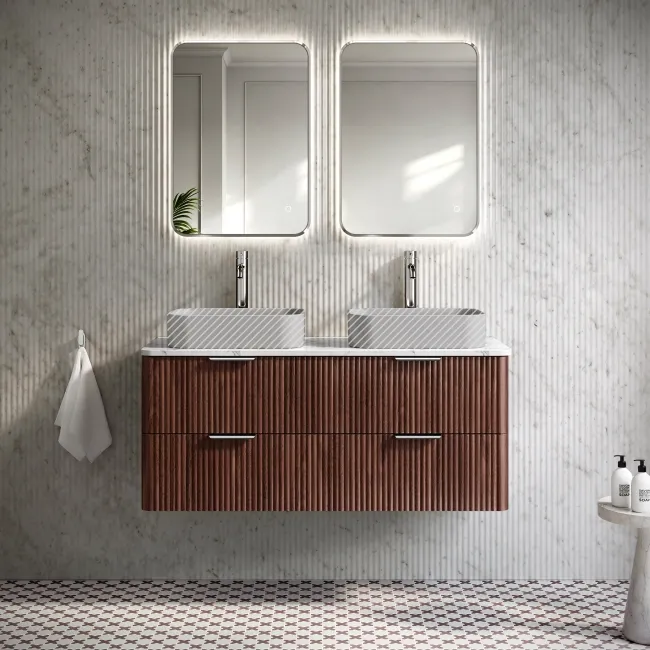 Cadiz Fluted Apex Walnut Double Wall Hung Drawer Vanity with Marble Top 1200mm (Excludes Basin) - Chrome Handles