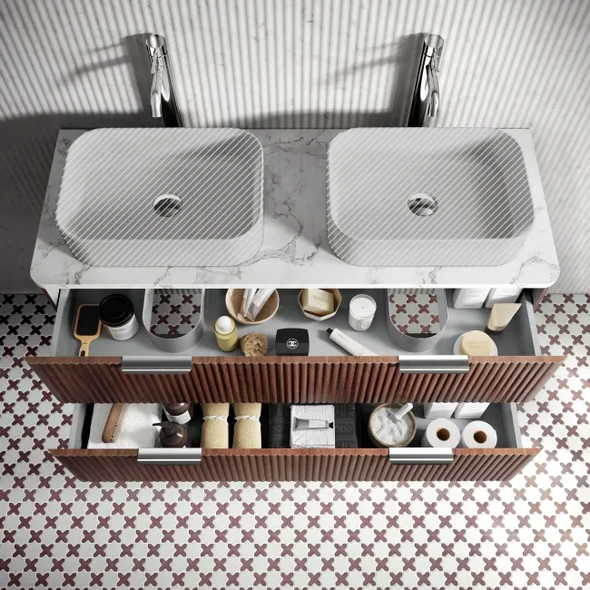 Cadiz Fluted Apex Walnut Double Wall Hung Drawer Vanity with Marble Top 1200mm (Excludes Basin) - Chrome Handles
