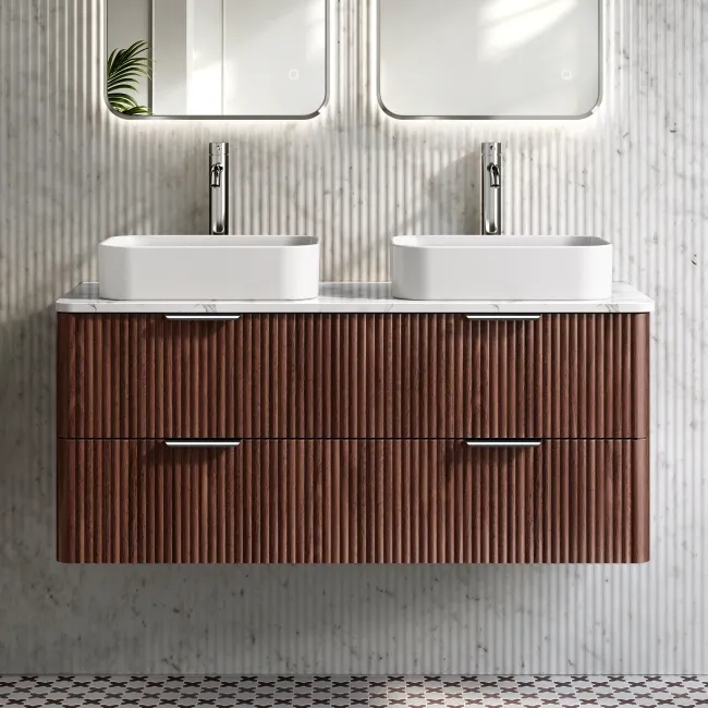 Cadiz Fluted Apex Walnut Double Wall Hung Drawer Vanity with Marble Top & Marin Basin 1200mm - Chrome Handles