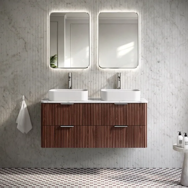 Cadiz Fluted Apex Walnut Double Wall Hung Drawer Vanity with Marble Top & Marin Basin 1200mm - Chrome Handles