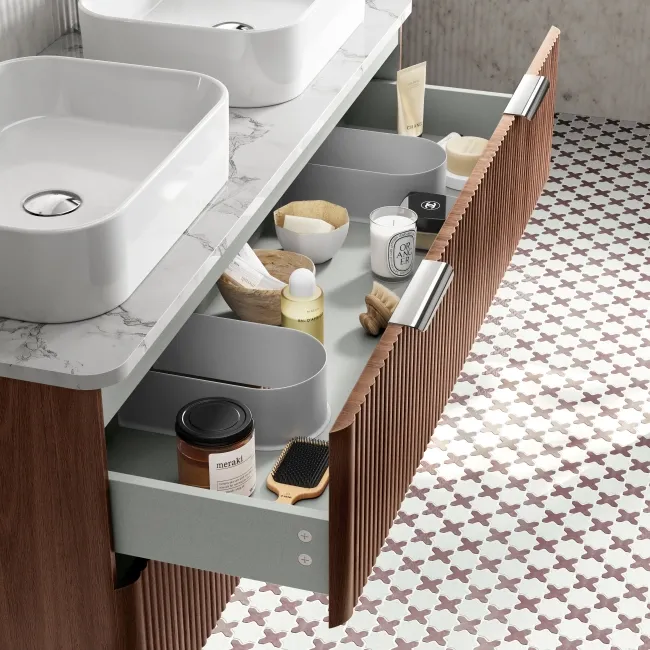 Cadiz Fluted Apex Walnut Double Wall Hung Drawer Vanity with Marble Top & Marin Basin 1200mm - Chrome Handles