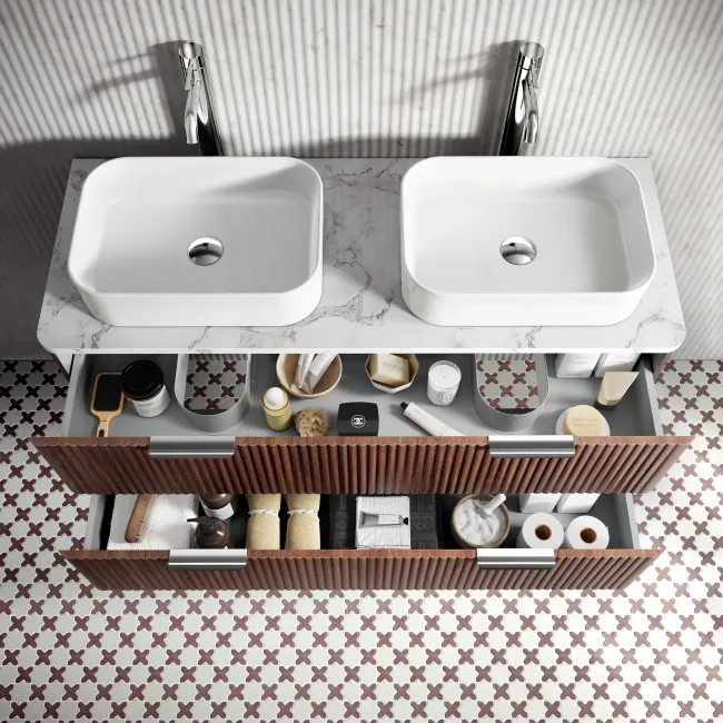 Cadiz Fluted Apex Walnut Double Wall Hung Drawer Vanity with Marble Top & Marin Basin 1200mm - Chrome Handles