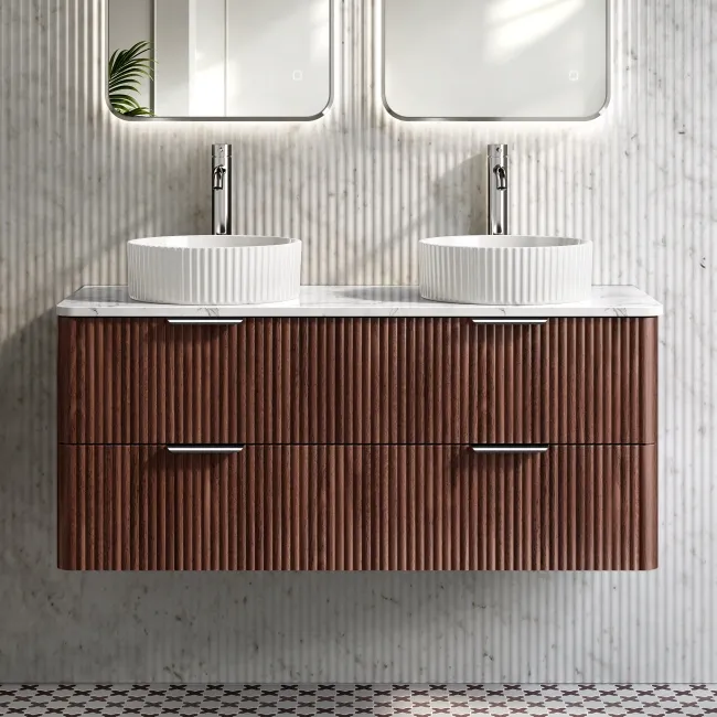 Cadiz Fluted Apex Walnut Double Wall Hung Drawer Vanity with Marble Top & Nevis Basin 1200mm - Chrome Handles