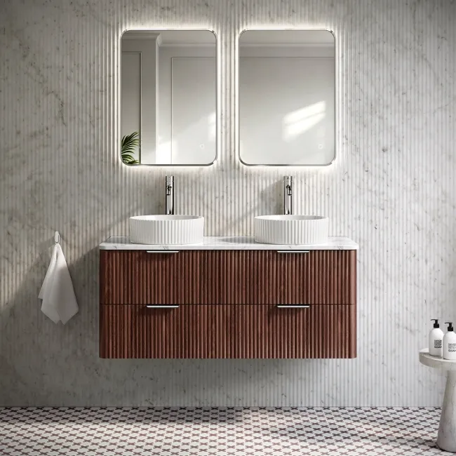 Cadiz Fluted Apex Walnut Double Wall Hung Drawer Vanity with Marble Top & Nevis Basin 1200mm - Chrome Handles