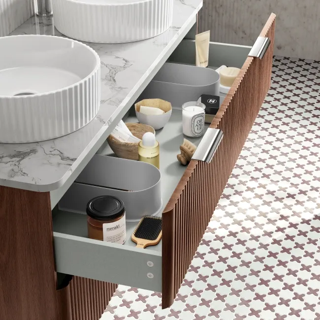 Cadiz Fluted Apex Walnut Double Wall Hung Drawer Vanity with Marble Top & Nevis Basin 1200mm - Chrome Handles