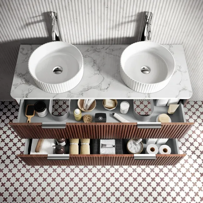 Cadiz Fluted Apex Walnut Double Wall Hung Drawer Vanity with Marble Top & Nevis Basin 1200mm - Chrome Handles