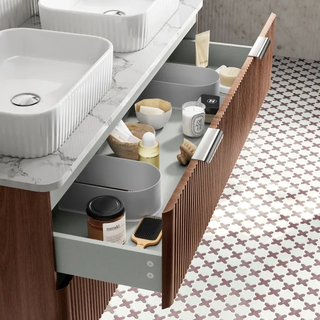 Cadiz Fluted Apex Walnut Double Wall Hung Drawer Vanity with Marble Top & Reno Basin 1200mm - Chrome Handles