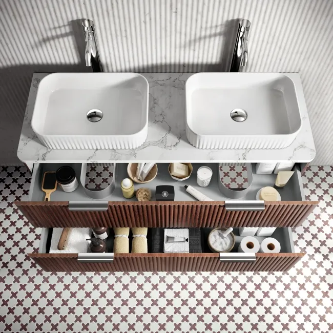 Cadiz Fluted Apex Walnut Double Wall Hung Drawer Vanity with Marble Top & Reno Basin 1200mm - Chrome Handles