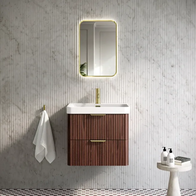 Cadiz Fluted Apex Walnut Wall Hung Basin Drawer Vanity 600mm - Brushed Brass Accents