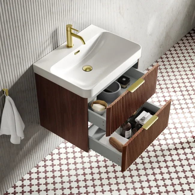 Cadiz Fluted Apex Walnut Wall Hung Basin Drawer Vanity 600mm - Brushed Brass Accents