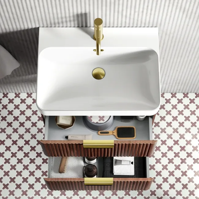 Cadiz Fluted Apex Walnut Wall Hung Basin Drawer Vanity 600mm - Brushed Brass Accents