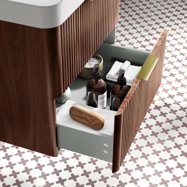Cadiz Fluted Apex Walnut Wall Hung Basin Drawer Vanity 600mm - Brushed Brass Accents