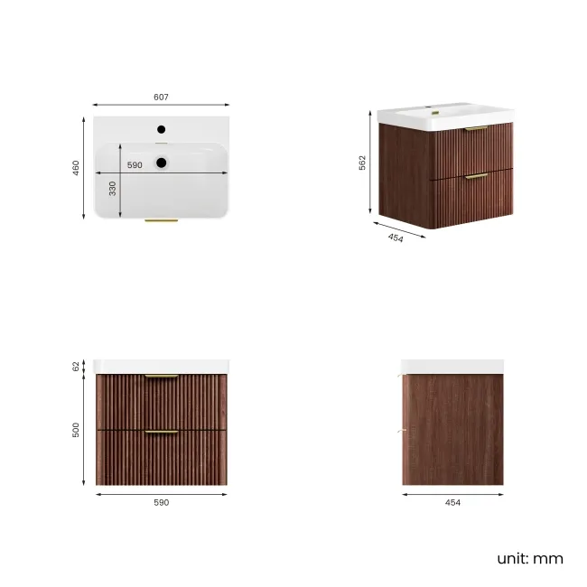 Cadiz Fluted Apex Walnut Wall Hung Basin Drawer Vanity 600mm - Brushed Brass Accents