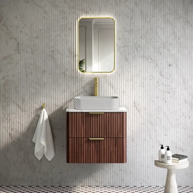 Cadiz Fluted Apex Walnut Wall Hung Drawer Vanity with Marble Top 600mm (Excludes Basin) - Brushed Brass Accents