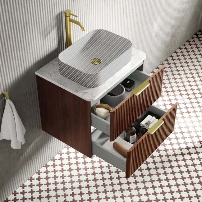 Cadiz Fluted Apex Walnut Wall Hung Drawer Vanity with Marble Top 600mm (Excludes Basin) - Brushed Brass Accents