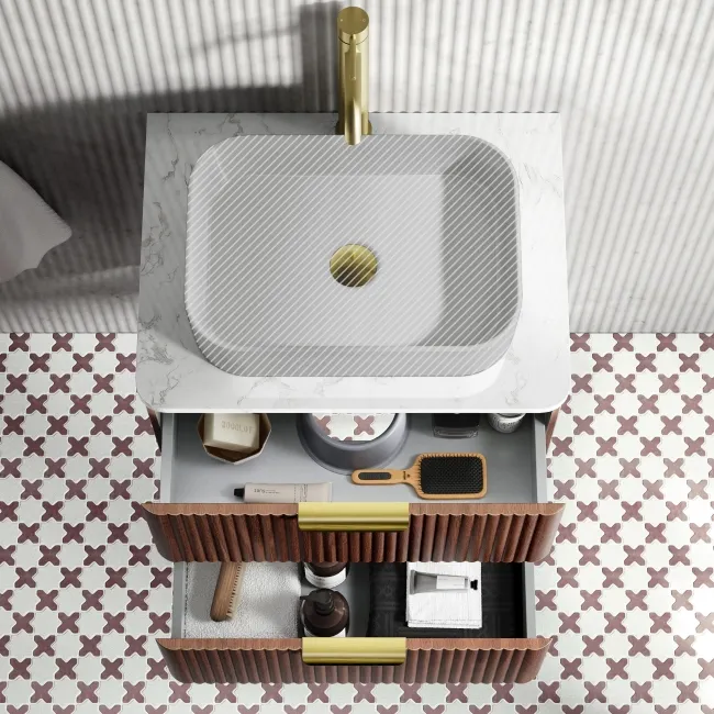Cadiz Fluted Apex Walnut Wall Hung Drawer Vanity with Marble Top 600mm (Excludes Basin) - Brushed Brass Accents