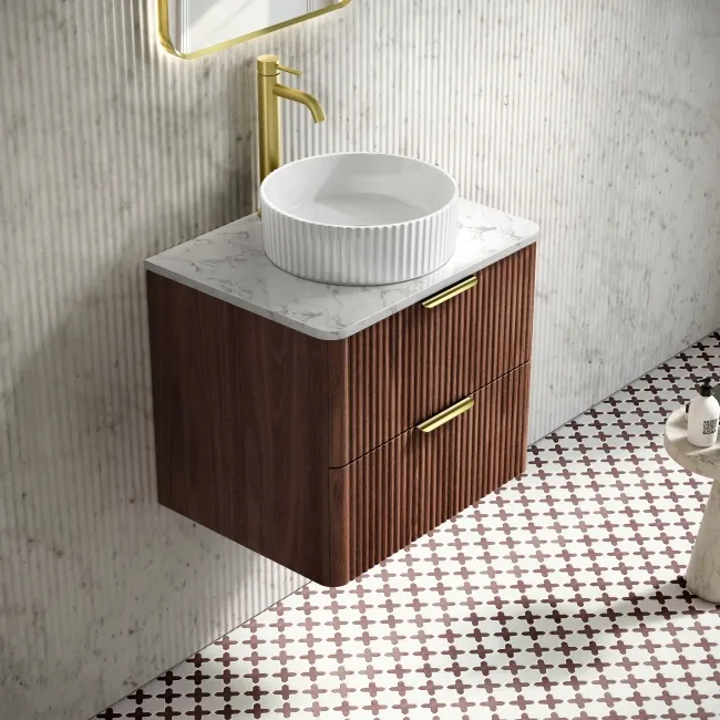 Cadiz Fluted Apex Walnut Wall Hung Drawer Vanity with Marble Top & Nevis Basin 600mm - Brushed Brass Accents