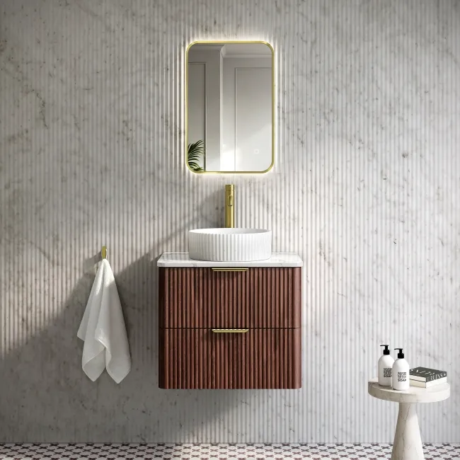 Cadiz Fluted Apex Walnut Wall Hung Drawer Vanity with Marble Top & Nevis Basin 600mm - Brushed Brass Accents