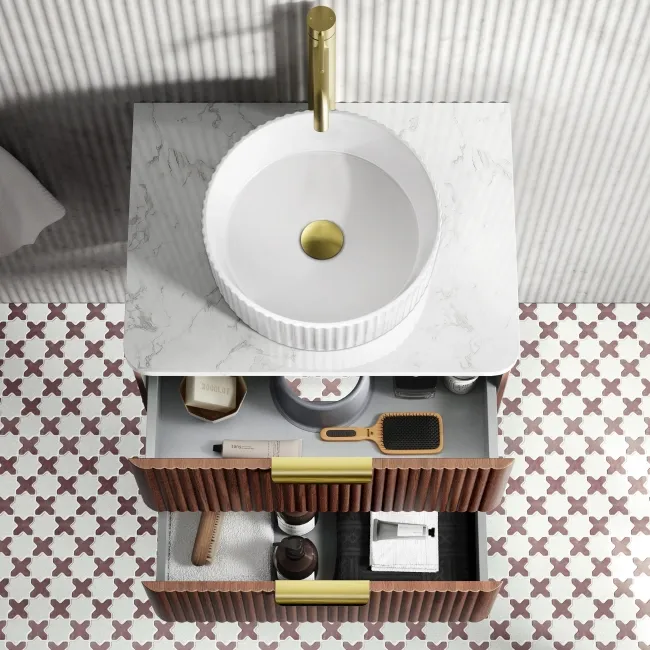 Cadiz Fluted Apex Walnut Wall Hung Drawer Vanity with Marble Top & Nevis Basin 600mm - Brushed Brass Accents