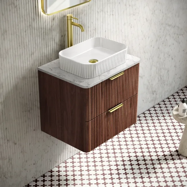 Cadiz Fluted Apex Walnut Wall Hung Drawer Vanity with Marble Top & Reno Basin 600mm - Brushed Brass Accents