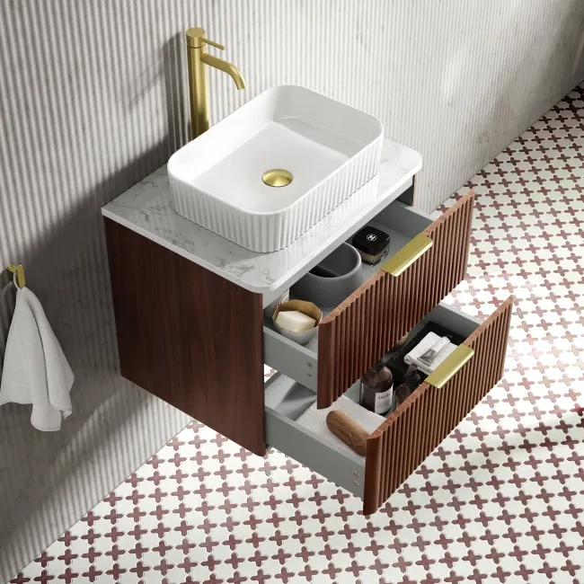 Cadiz Fluted Apex Walnut Wall Hung Drawer Vanity with Marble Top & Reno Basin 600mm - Brushed Brass Accents