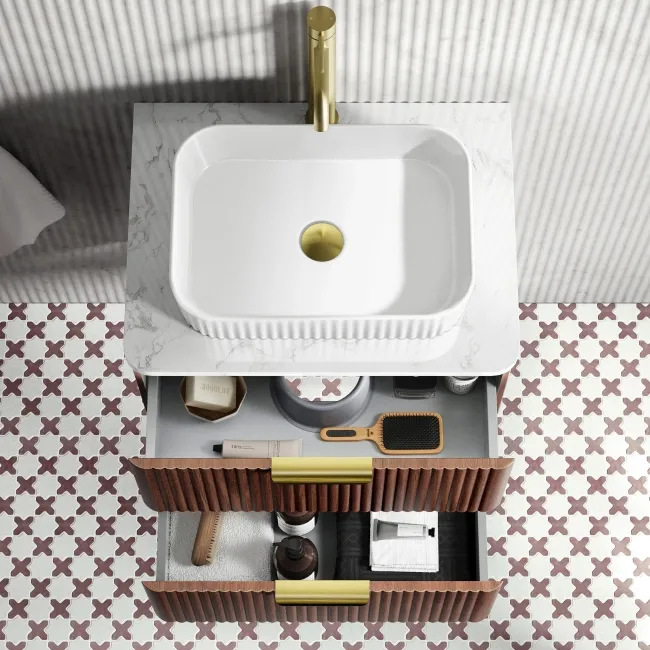 Cadiz Fluted Apex Walnut Wall Hung Drawer Vanity with Marble Top & Reno Basin 600mm - Brushed Brass Accents