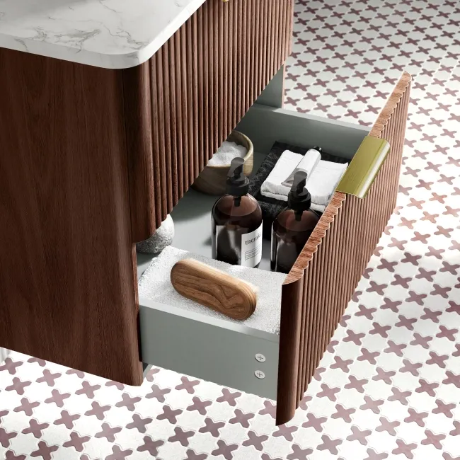 Cadiz Fluted Apex Walnut Wall Hung Drawer Vanity with Marble Top & Reno Basin 600mm - Brushed Brass Accents
