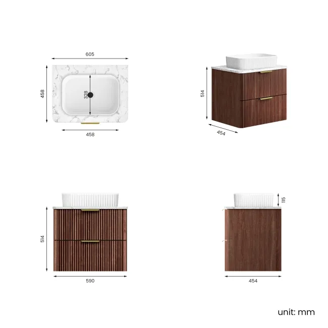 Cadiz Fluted Apex Walnut Wall Hung Drawer Vanity with Marble Top & Reno Basin 600mm - Brushed Brass Accents
