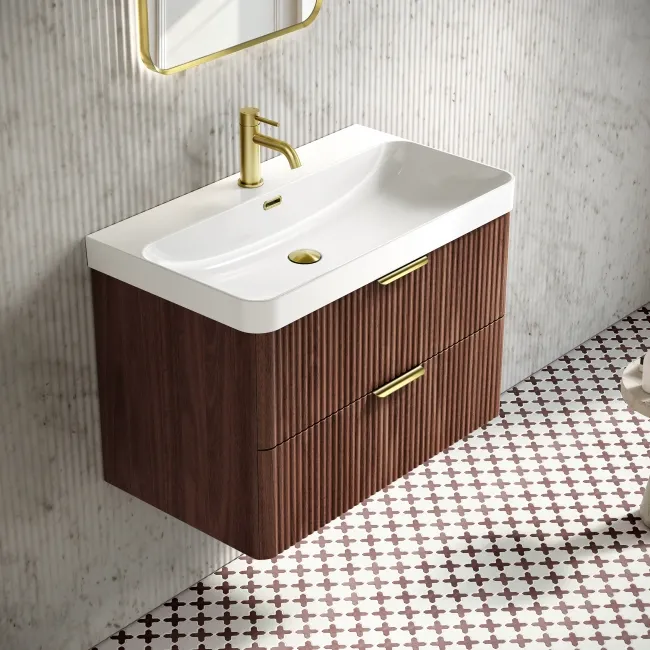 Cadiz Fluted Apex Walnut Wall Hung Basin Drawer Vanity 800mm - Brushed Brass Accents