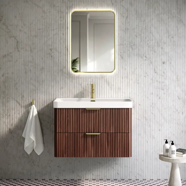 Cadiz Fluted Apex Walnut Wall Hung Basin Drawer Vanity 800mm - Brushed Brass Accents