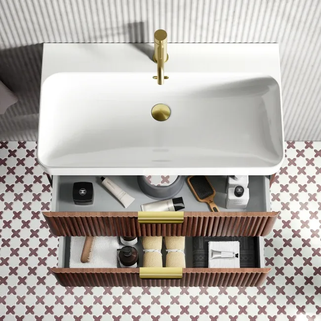 Cadiz Fluted Apex Walnut Wall Hung Basin Drawer Vanity 800mm - Brushed Brass Accents