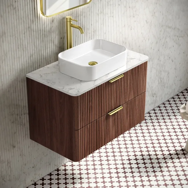 Cadiz Fluted Apex Walnut Wall Hung Drawer Vanity with Marble Top 800mm (Excludes Basin) - Brushed Brass Accents