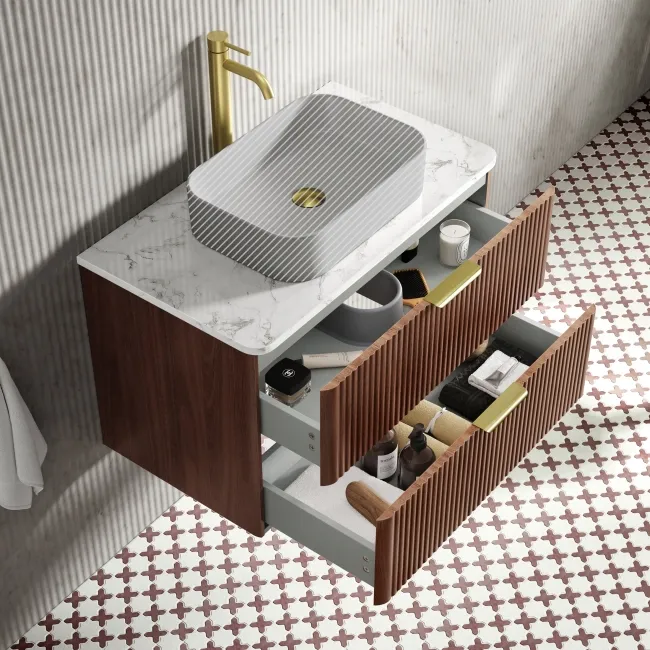 Cadiz Fluted Apex Walnut Wall Hung Drawer Vanity with Marble Top 800mm (Excludes Basin) - Brushed Brass Accents