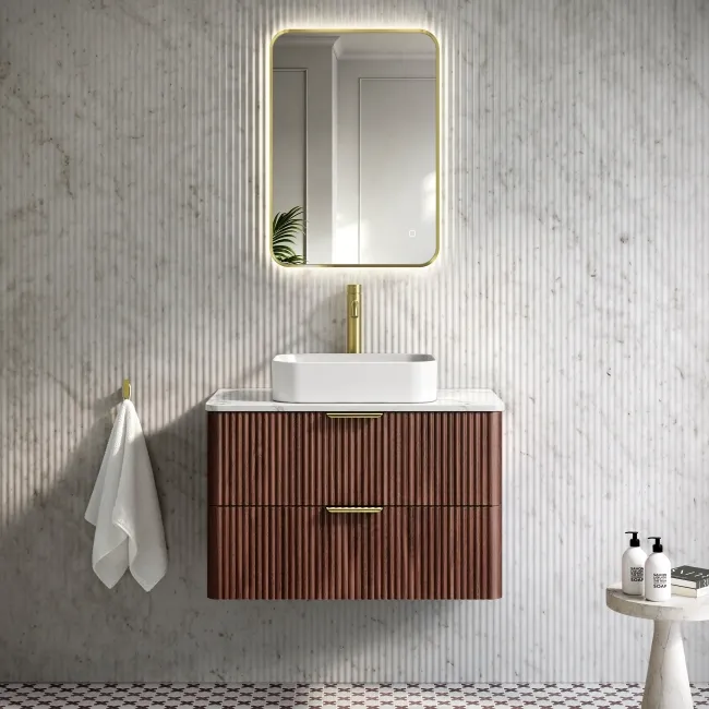 Cadiz Fluted Apex Walnut Wall Hung Drawer Vanity with Marble Top & Marin Basin 800mm - Brushed Brass Accents