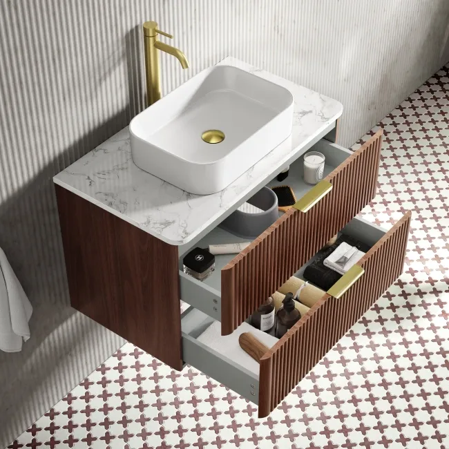 Cadiz Fluted Apex Walnut Wall Hung Drawer Vanity with Marble Top & Marin Basin 800mm - Brushed Brass Accents