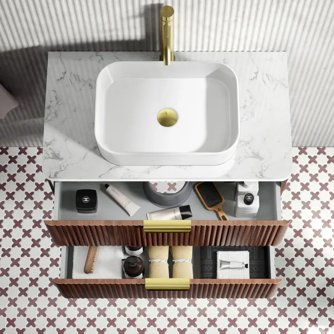 Cadiz Fluted Apex Walnut Wall Hung Drawer Vanity with Marble Top & Marin Basin 800mm - Brushed Brass Accents