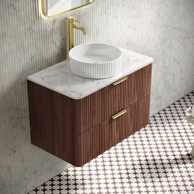 Cadiz Fluted Apex Walnut Wall Hung Drawer Vanity with Marble Top & Nevis Basin 800mm - Brushed Brass Accents