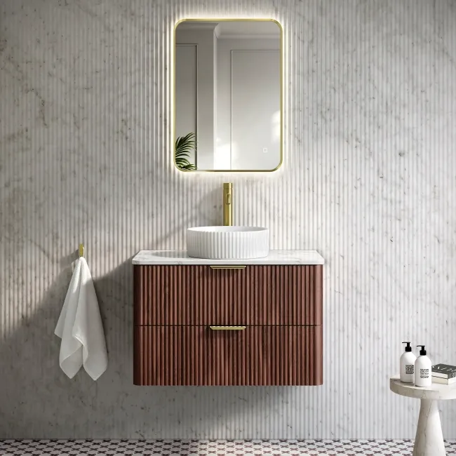 Cadiz Fluted Apex Walnut Wall Hung Drawer Vanity with Marble Top & Nevis Basin 800mm - Brushed Brass Accents