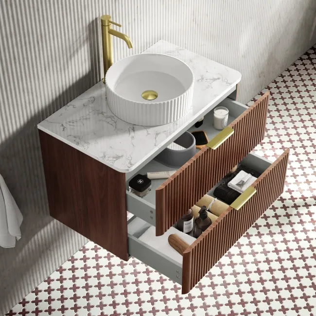 Cadiz Fluted Apex Walnut Wall Hung Drawer Vanity with Marble Top & Nevis Basin 800mm - Brushed Brass Accents