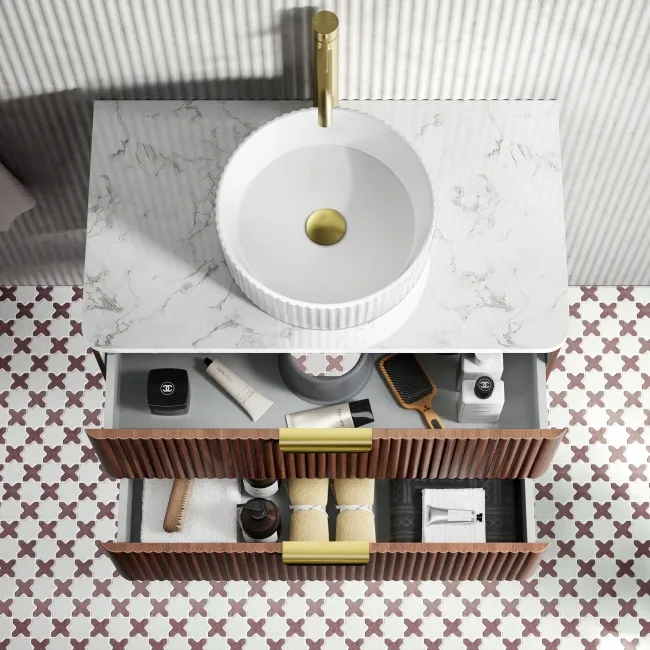 Cadiz Fluted Apex Walnut Wall Hung Drawer Vanity with Marble Top & Nevis Basin 800mm - Brushed Brass Accents