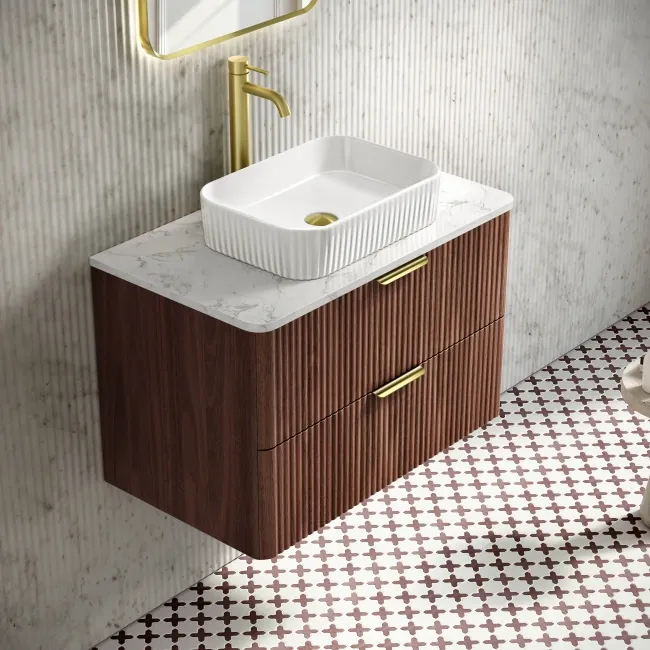 Cadiz Fluted Apex Walnut Wall Hung Drawer Vanity with Marble Top & Reno Basin 800mm - Brushed Brass Accents
