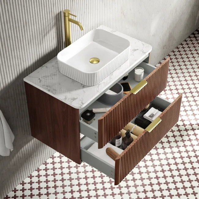 Cadiz Fluted Apex Walnut Wall Hung Drawer Vanity with Marble Top & Reno Basin 800mm - Brushed Brass Accents
