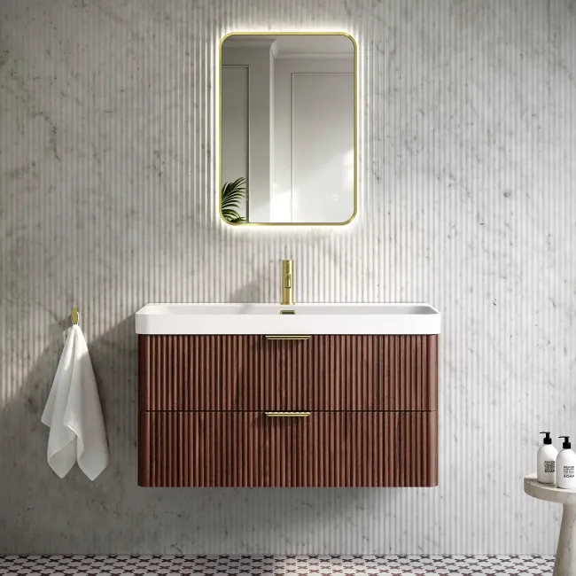 Cadiz Fluted Apex Walnut Wall Hung Basin Drawer Vanity 1000mm - Brushed Brass Accents
