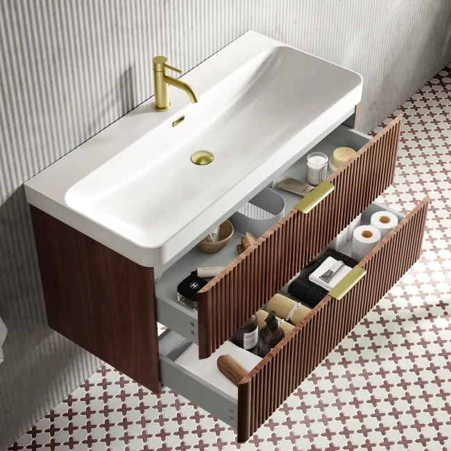 Cadiz Fluted Apex Walnut Wall Hung Basin Drawer Vanity 1000mm - Brushed Brass Accents