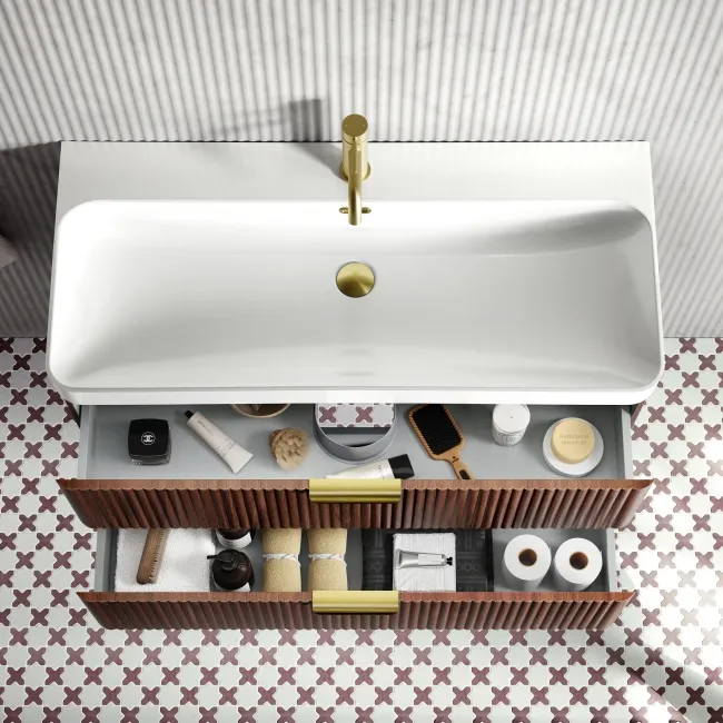 Cadiz Fluted Apex Walnut Wall Hung Basin Drawer Vanity 1000mm - Brushed Brass Accents