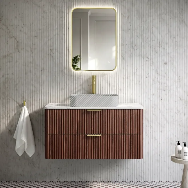 Cadiz Fluted Apex Walnut Wall Hung Drawer Vanity with Marble Top 1000mm (Excludes Basin) - Brushed Brass Accents