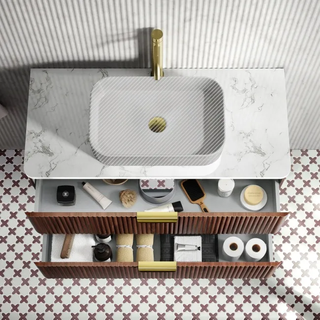 Cadiz Fluted Apex Walnut Wall Hung Drawer Vanity with Marble Top 1000mm (Excludes Basin) - Brushed Brass Accents