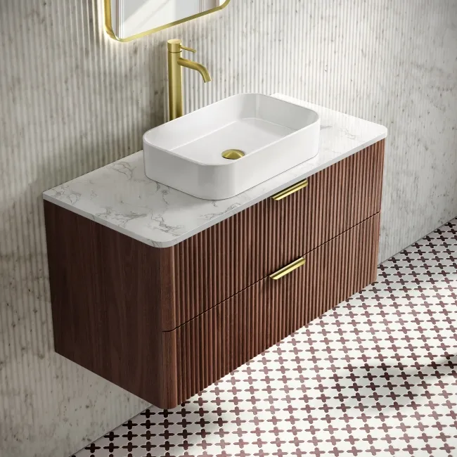Cadiz Fluted Apex Walnut Wall Hung Drawer Vanity with Marble Top & Marin Basin 1000mm - Brushed Brass Accents
