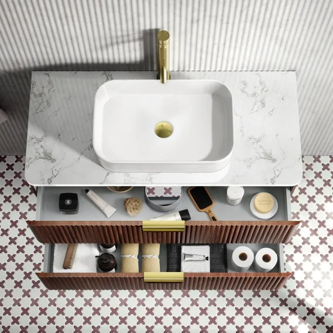 Cadiz Fluted Apex Walnut Wall Hung Drawer Vanity with Marble Top & Marin Basin 1000mm - Brushed Brass Accents