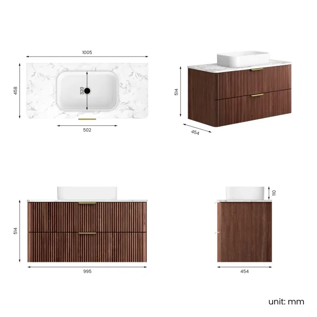 Cadiz Fluted Apex Walnut Wall Hung Drawer Vanity with Marble Top & Marin Basin 1000mm - Brushed Brass Accents